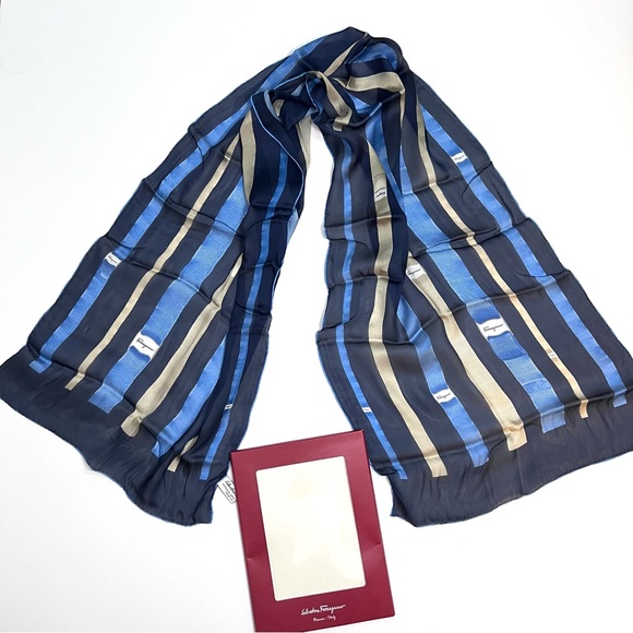 Salvatore Ferragamo Silk Scarf 60" X 16.5" Blue & Beige - Picture 9 of 10